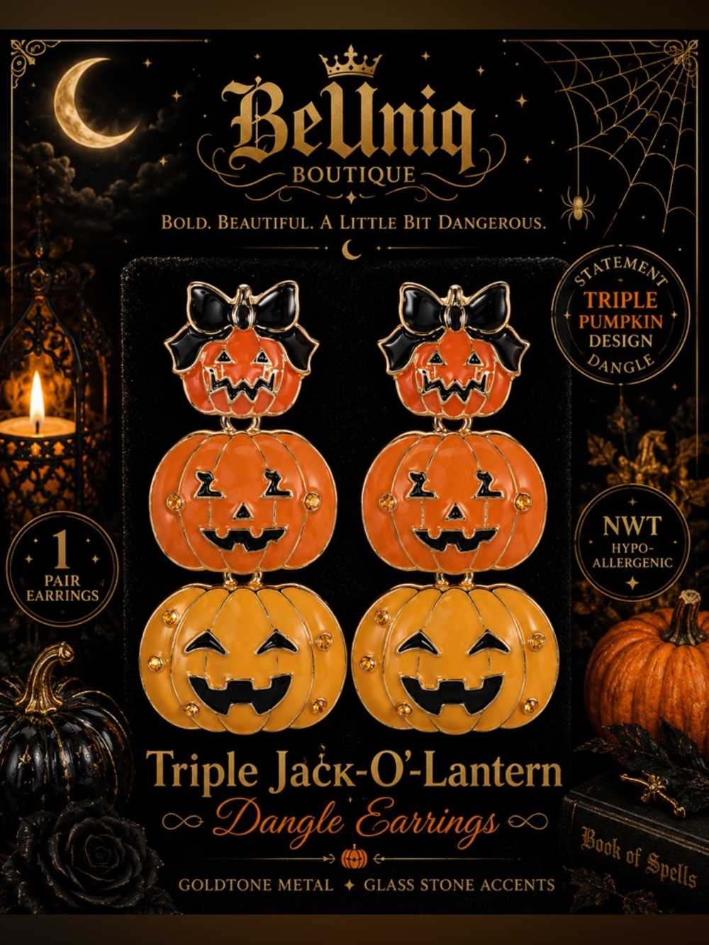 🎃 NWT Triple Jack-O’-Lantern Pumpkin Dangle Earrings | Halloween